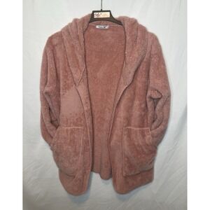 Women's Size XXL Fuzzy  Fur Pink Jacket w/ hood/pockets/open front
